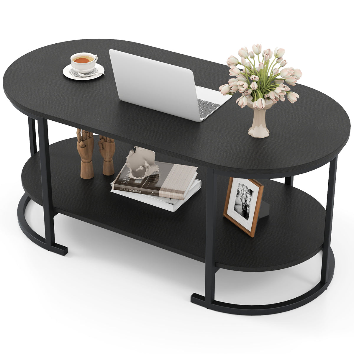 Oval Coffee Table 2-Tier Wooden Accent Table with Spacious Tabletop and Open Storage Shelf-Black-Coffee Tables-DECOROLALA