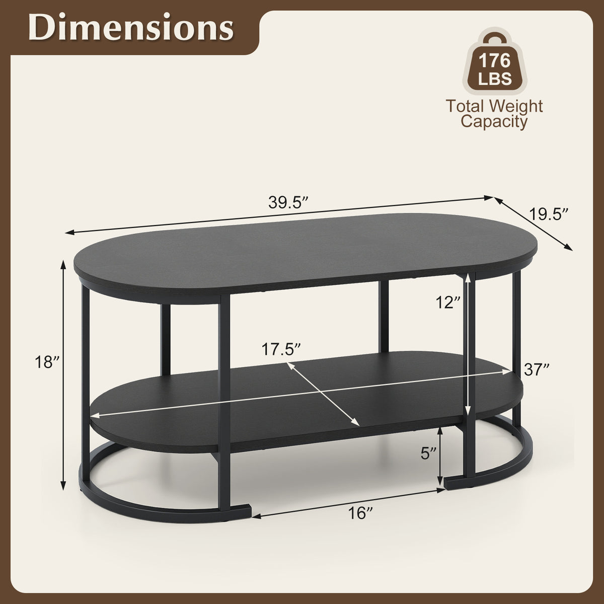 Oval Coffee Table 2-Tier Wooden Accent Table with Spacious Tabletop and Open Storage Shelf-Black-Coffee Tables-DECOROLALA