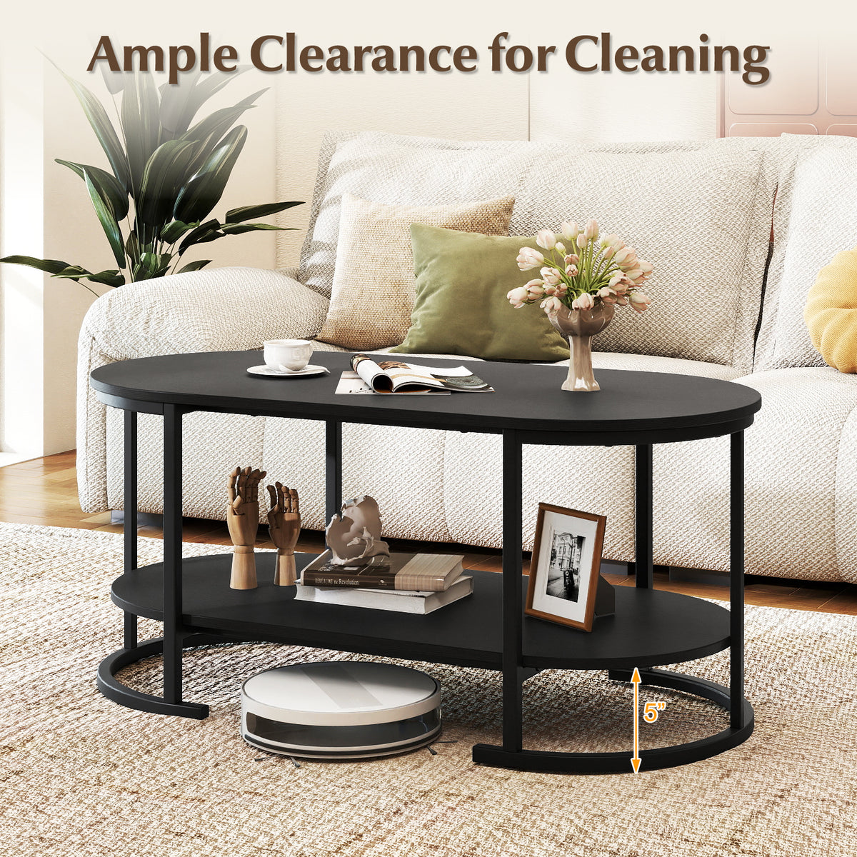 Oval Coffee Table 2-Tier Wooden Accent Table with Spacious Tabletop and Open Storage Shelf-Black-Coffee Tables-DECOROLALA