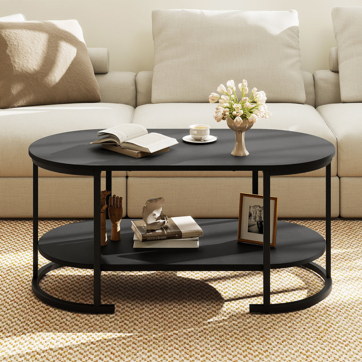 Oval Coffee Table 2-Tier Wooden Accent Table with Spacious Tabletop and Open Storage Shelf-Black-Coffee Tables-DECOROLALA