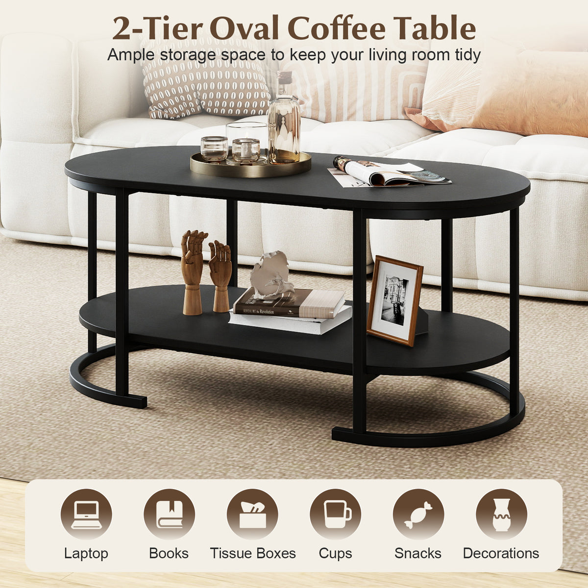 Oval Coffee Table 2-Tier Wooden Accent Table with Spacious Tabletop and Open Storage Shelf-Black-Coffee Tables-DECOROLALA