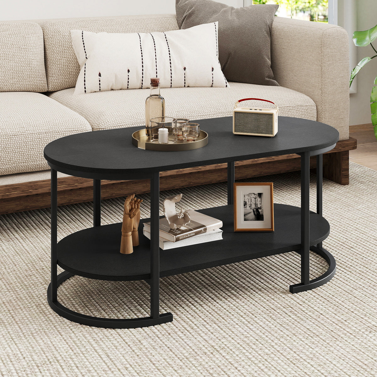 Oval Coffee Table 2-Tier Wooden Accent Table with Spacious Tabletop and Open Storage Shelf-Black-Coffee Tables-DECOROLALA
