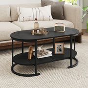 Oval Coffee Table 2-Tier Wooden Accent Table with Spacious Tabletop and Open Storage Shelf-Black-Coffee Tables-DECOROLALA