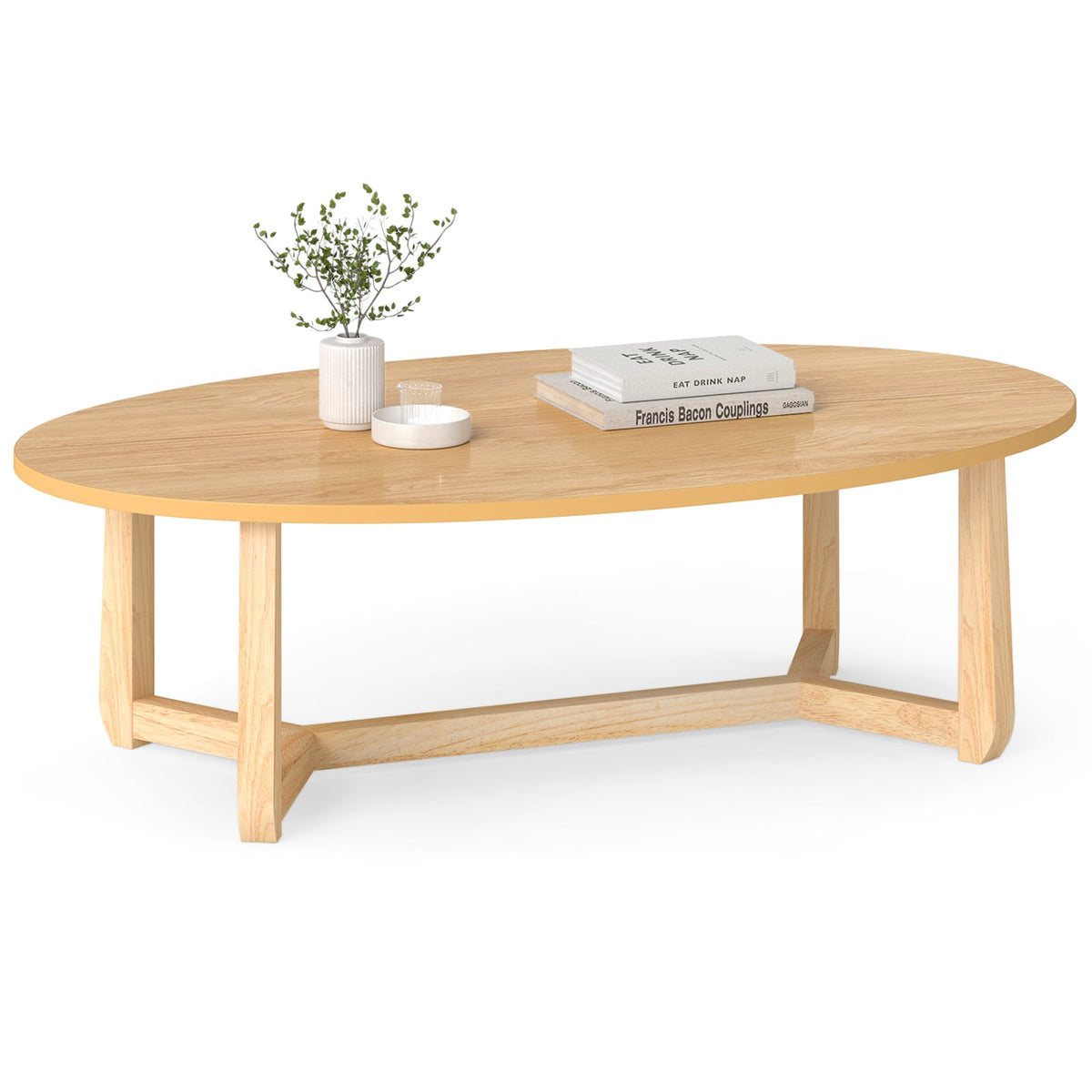 Oval Coffee Table 46 Inches Wooden Accent Table with Thickened Top-Natural-Coffee Tables-DECOROLALA