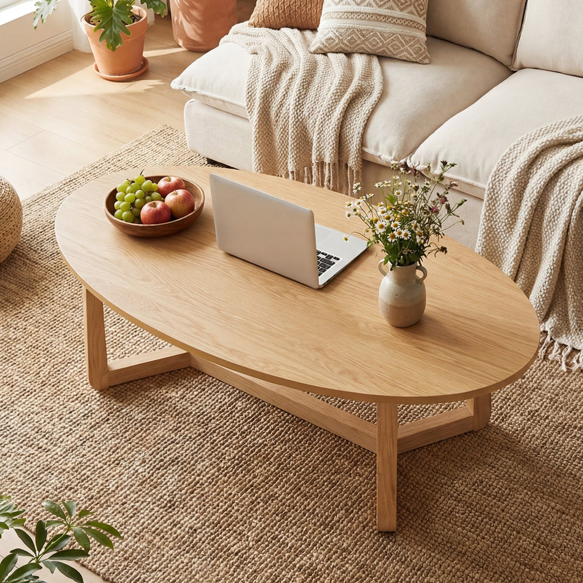 Oval Coffee Table 46 Inches Wooden Accent Table with Thickened Top-Natural-Coffee Tables-DECOROLALA