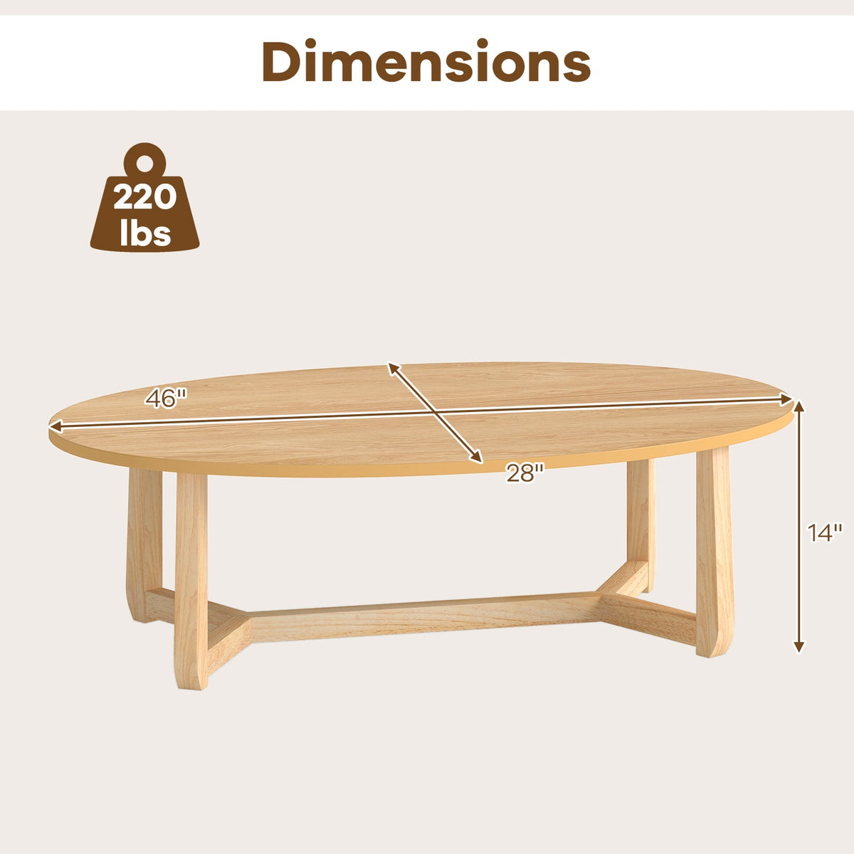 Oval Coffee Table 46 Inches Wooden Accent Table with Thickened Top-Natural-Coffee Tables-DECOROLALA