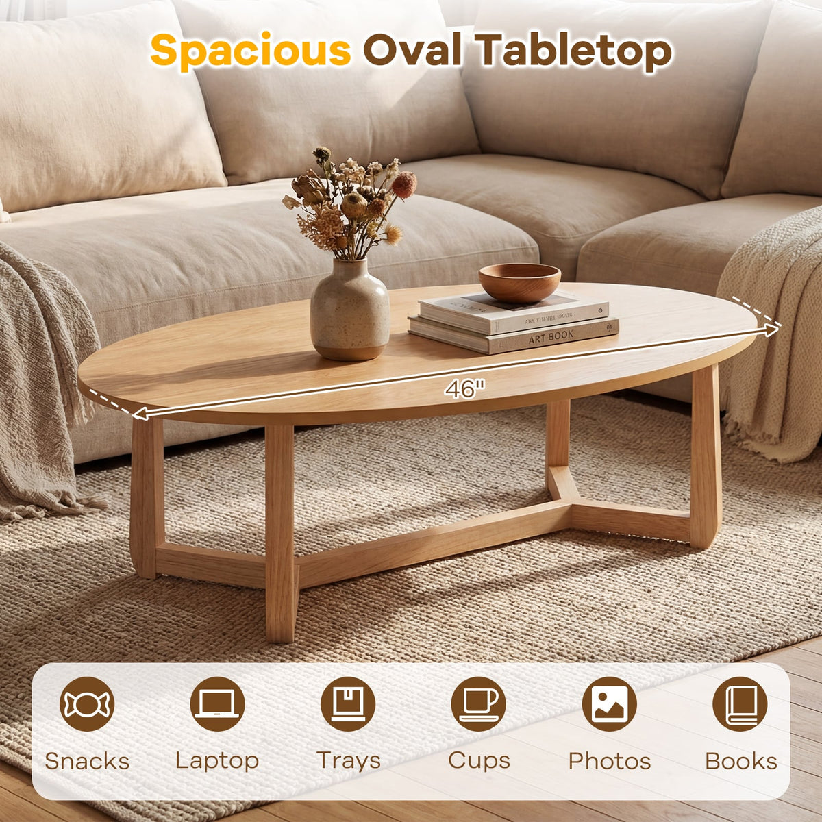 Oval Coffee Table 46 Inches Wooden Accent Table with Thickened Top-Natural-Coffee Tables-DECOROLALA