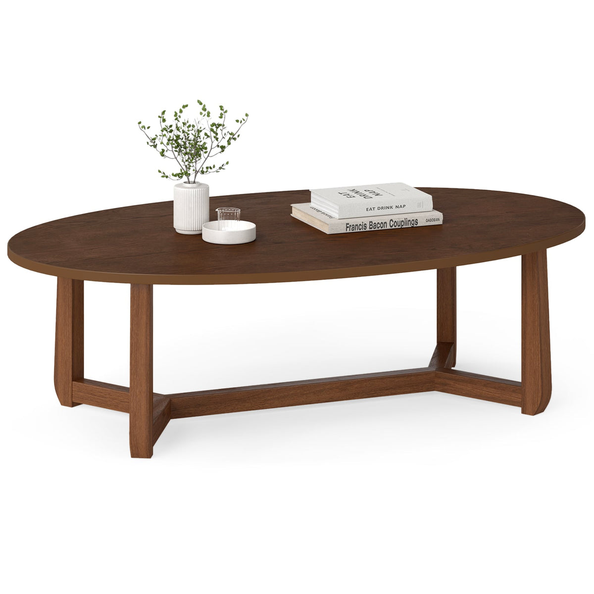 Oval Coffee Table 46 Inches Wooden Accent Table with Thickened Top-Walnut-Coffee Tables-DECOROLALA