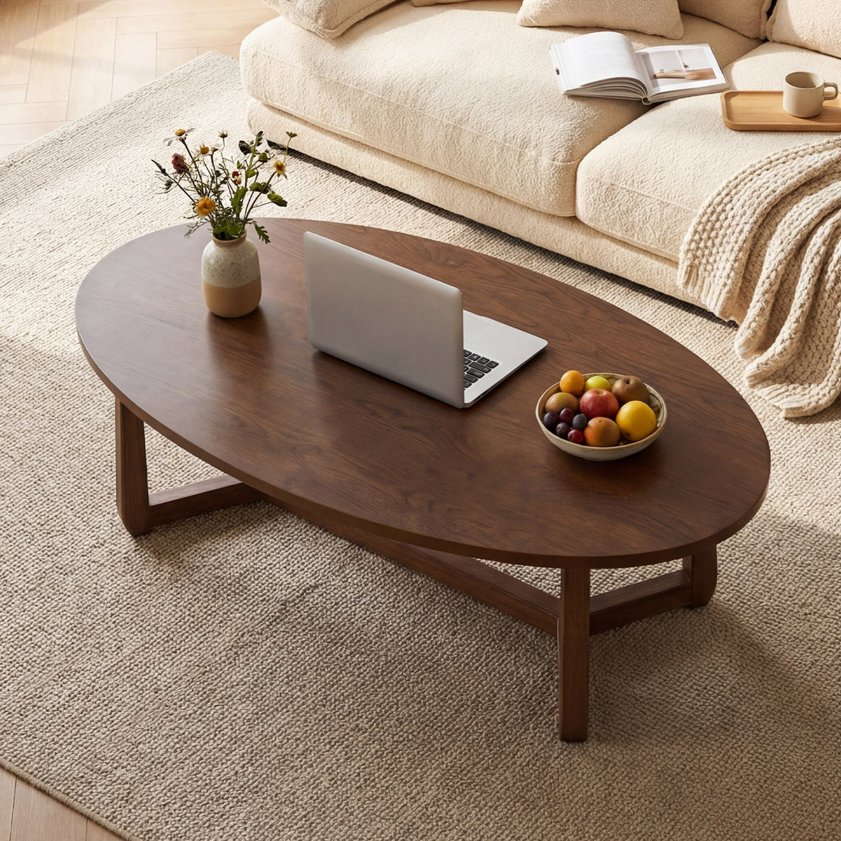 Oval Coffee Table 46 Inches Wooden Accent Table with Thickened Top-Walnut-Coffee Tables-DECOROLALA