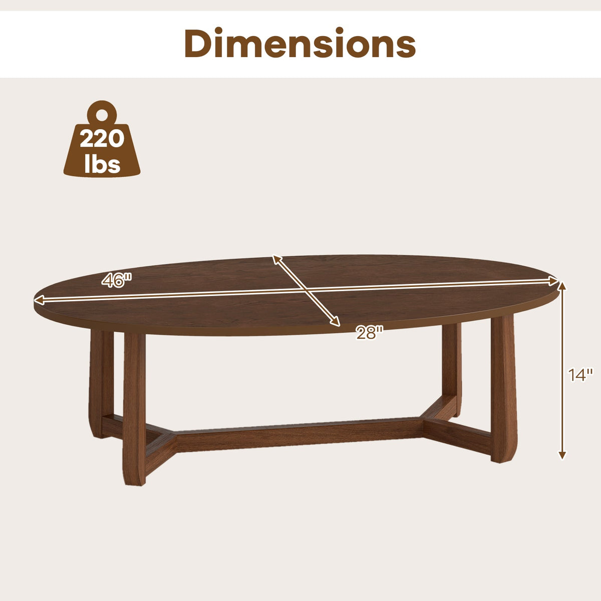 Oval Coffee Table 46 Inches Wooden Accent Table with Thickened Top-Walnut-Coffee Tables-DECOROLALA