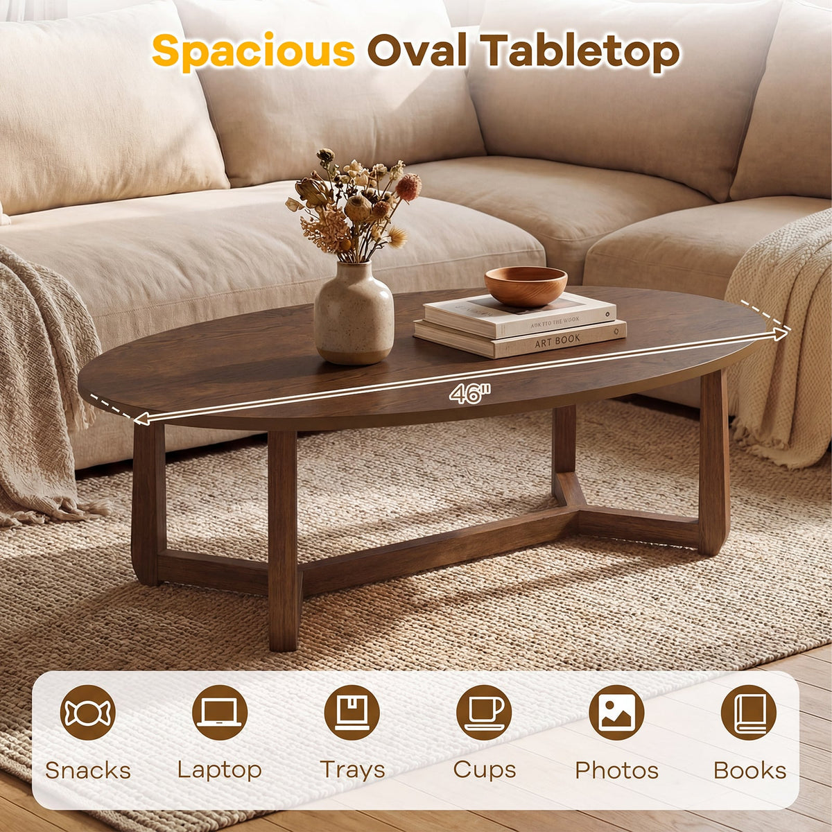 Oval Coffee Table 46 Inches Wooden Accent Table with Thickened Top-Walnut-Coffee Tables-DECOROLALA