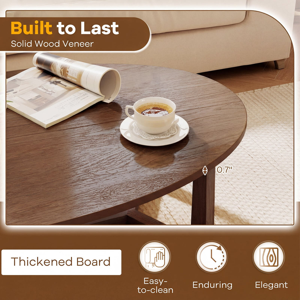 Oval Coffee Table 46 Inches Wooden Accent Table with Thickened Top-Walnut-Coffee Tables-DECOROLALA