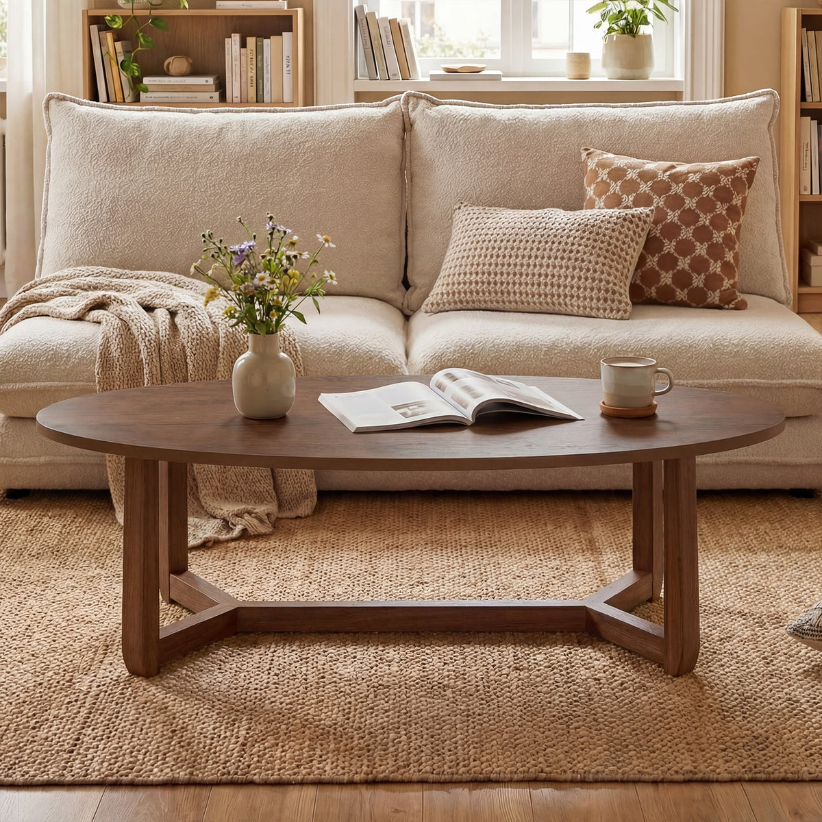 Oval Coffee Table 46 Inches Wooden Accent Table with Thickened Top-Walnut-Coffee Tables-DECOROLALA
