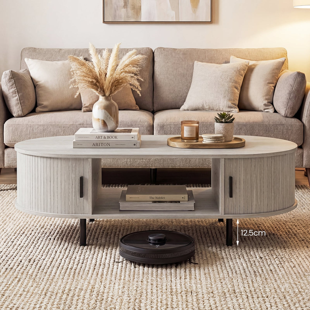Oval Coffee Table 47.5inch Wooden Center Table with Storage-Oak-Coffee Tables-DECOROLALA