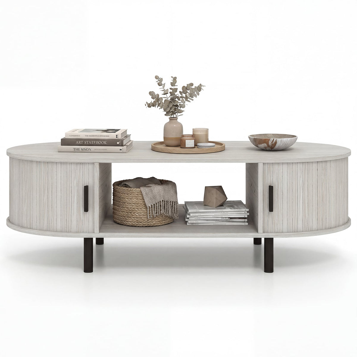 Oval Coffee Table 47.5inch Wooden Center Table with Storage-Oak-Coffee Tables-DECOROLALA