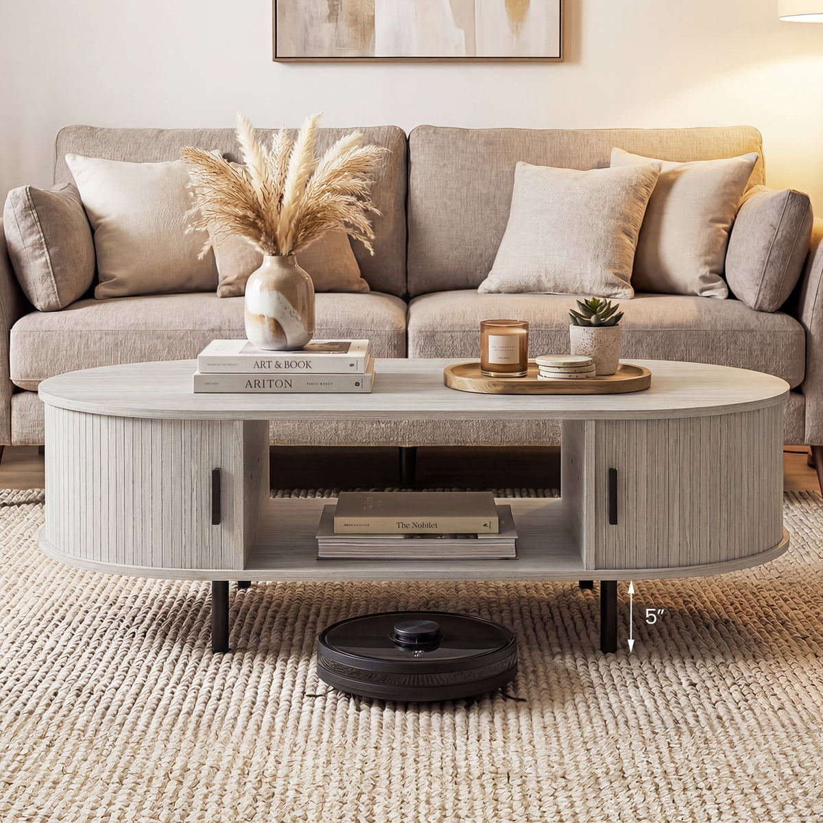 Oval Coffee Table 47.5inch Wooden Center Table with Storage-Oak-Coffee Tables-DECOROLALA