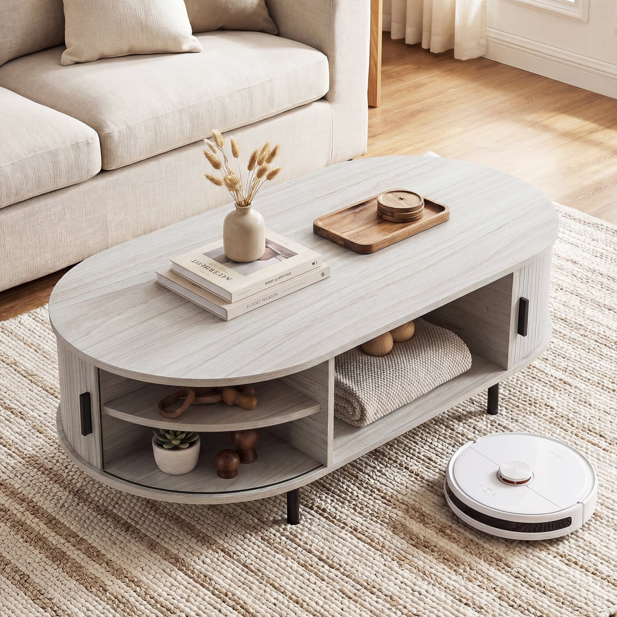 Oval Coffee Table 47.5inch Wooden Center Table with Storage-Oak-Coffee Tables-DECOROLALA