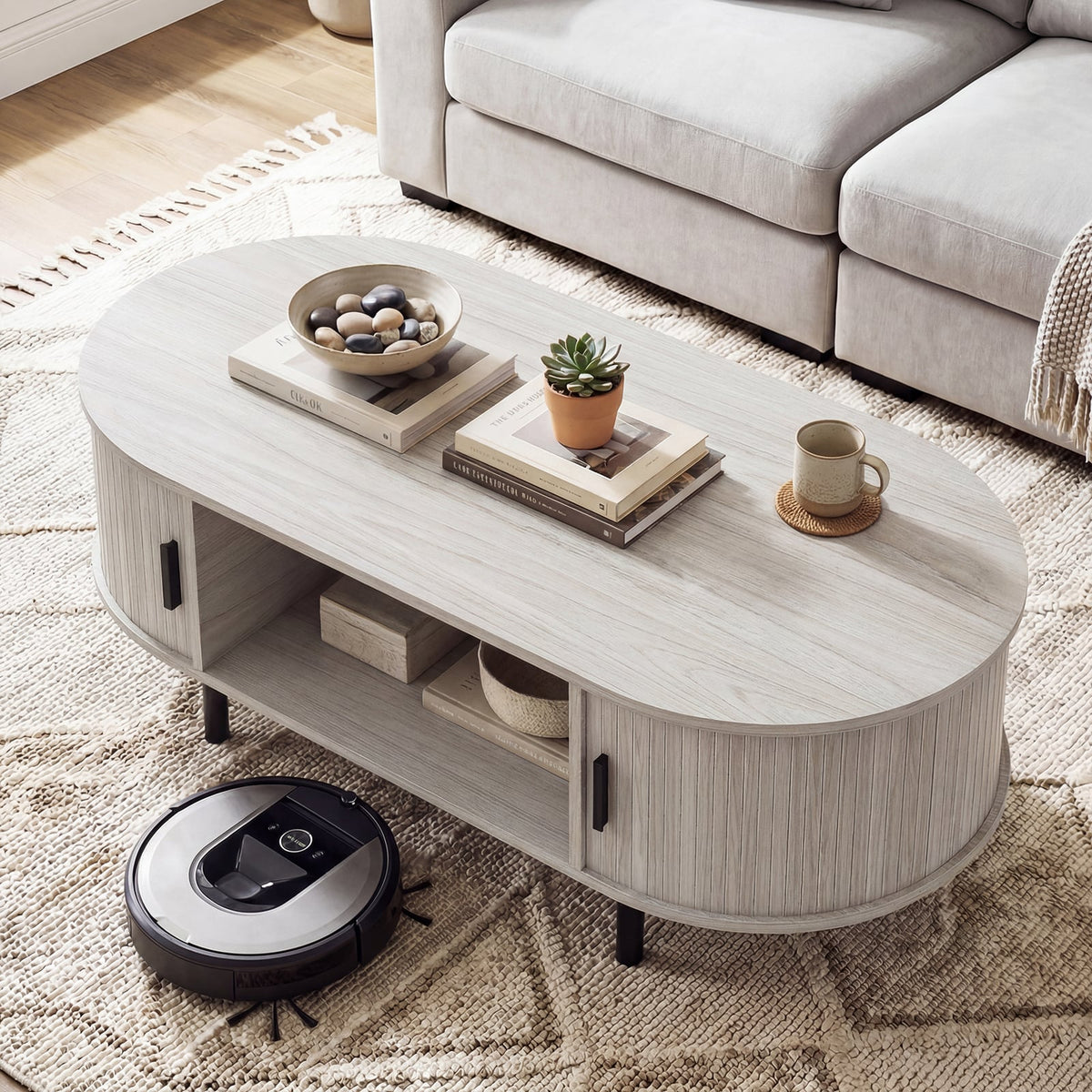 Oval Coffee Table 47.5inch Wooden Center Table with Storage-Oak-Coffee Tables-DECOROLALA