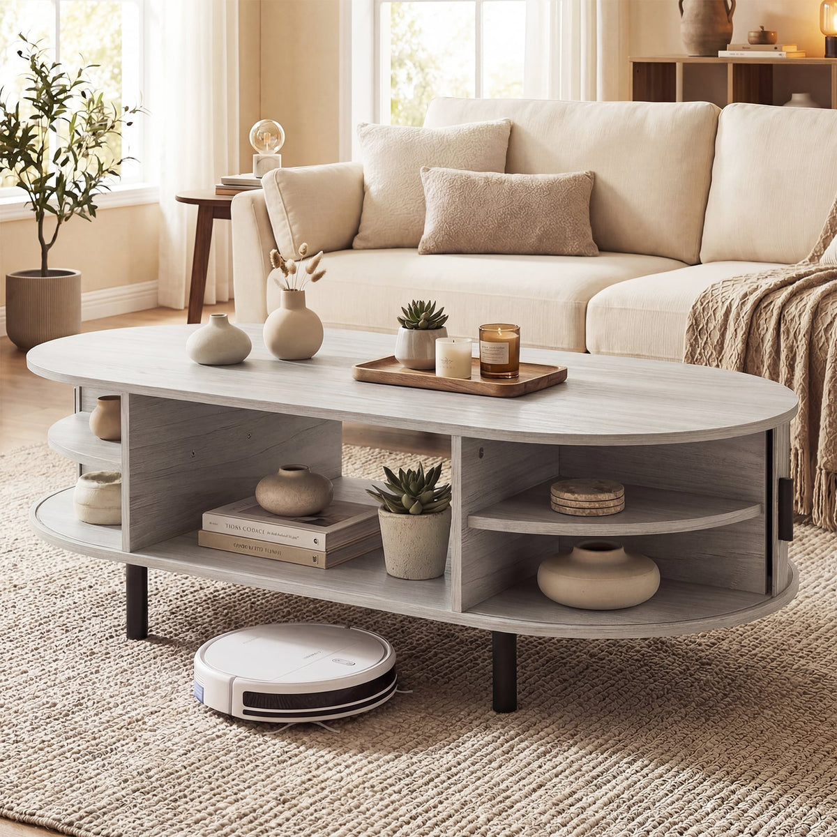 Oval Coffee Table 47.5inch Wooden Center Table with Storage-Oak-Coffee Tables-DECOROLALA