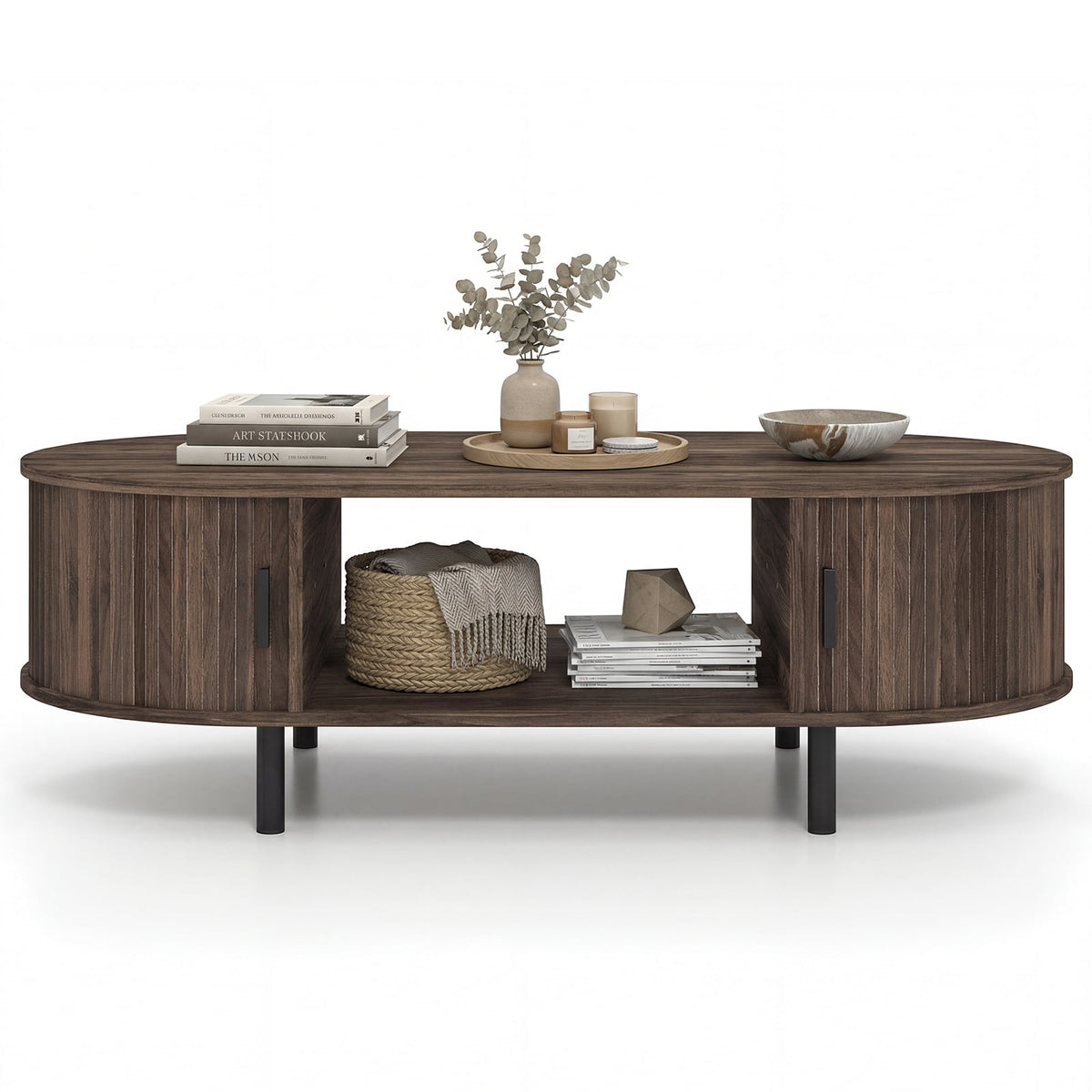 Oval Coffee Table 47.5inch Wooden Center Table with Storage-Walnut-Coffee Tables-DECOROLALA