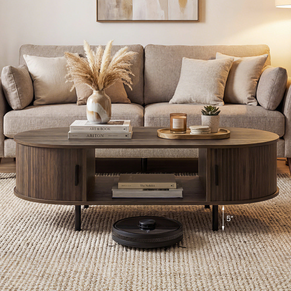 Oval Coffee Table 47.5inch Wooden Center Table with Storage-Walnut-Coffee Tables-DECOROLALA