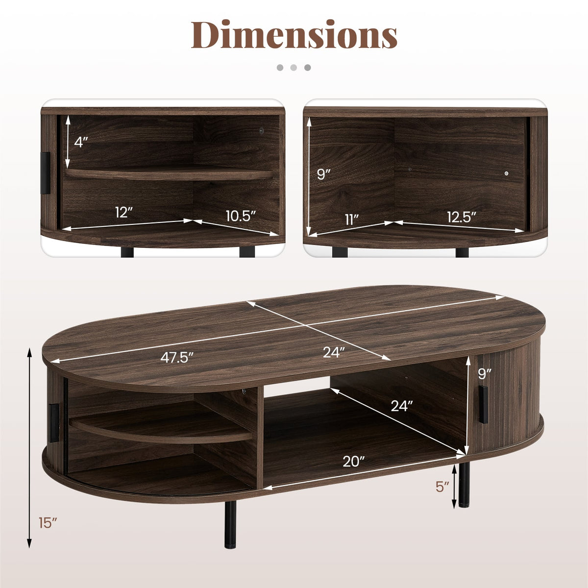 Oval Coffee Table 47.5inch Wooden Center Table with Storage-Walnut-Coffee Tables-DECOROLALA