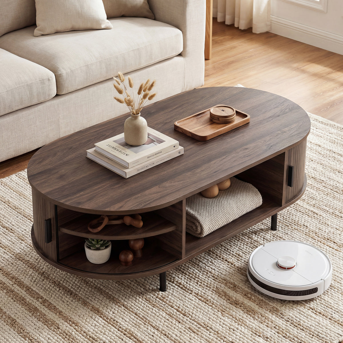 Oval Coffee Table 47.5inch Wooden Center Table with Storage-Walnut-Coffee Tables-DECOROLALA