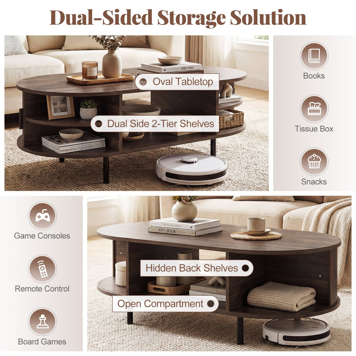 Oval Coffee Table 47.5inch Wooden Center Table with Storage-Walnut-Coffee Tables-DECOROLALA
