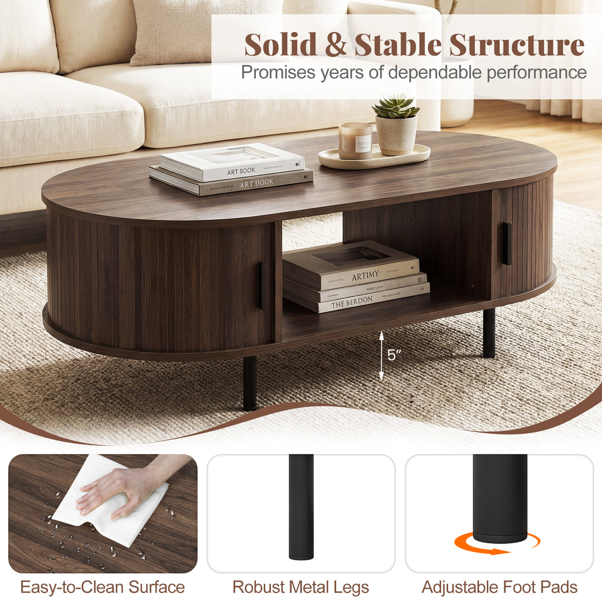 Oval Coffee Table 47.5inch Wooden Center Table with Storage-Walnut-Coffee Tables-DECOROLALA