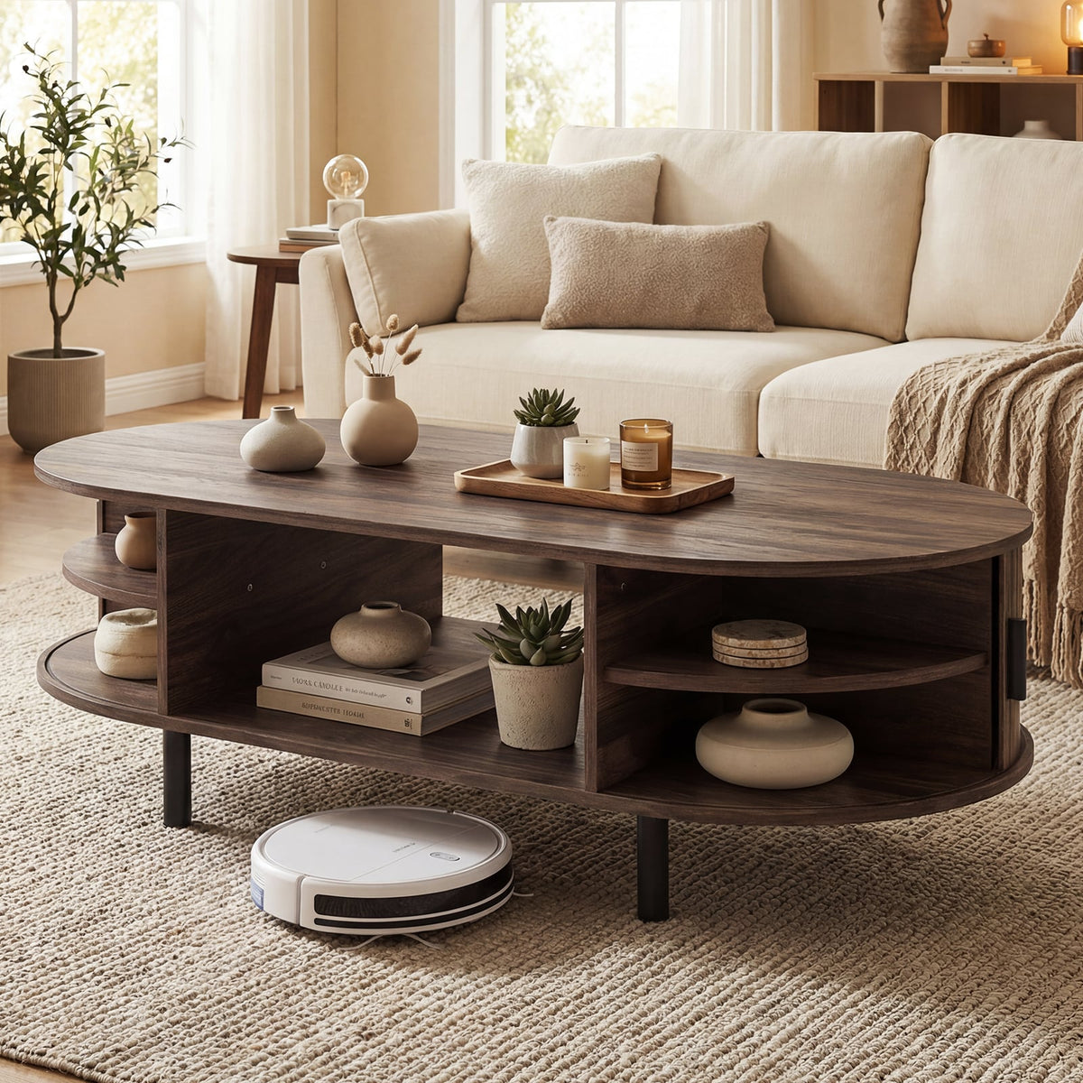 Oval Coffee Table 47.5inch Wooden Center Table with Storage-Walnut-Coffee Tables-DECOROLALA