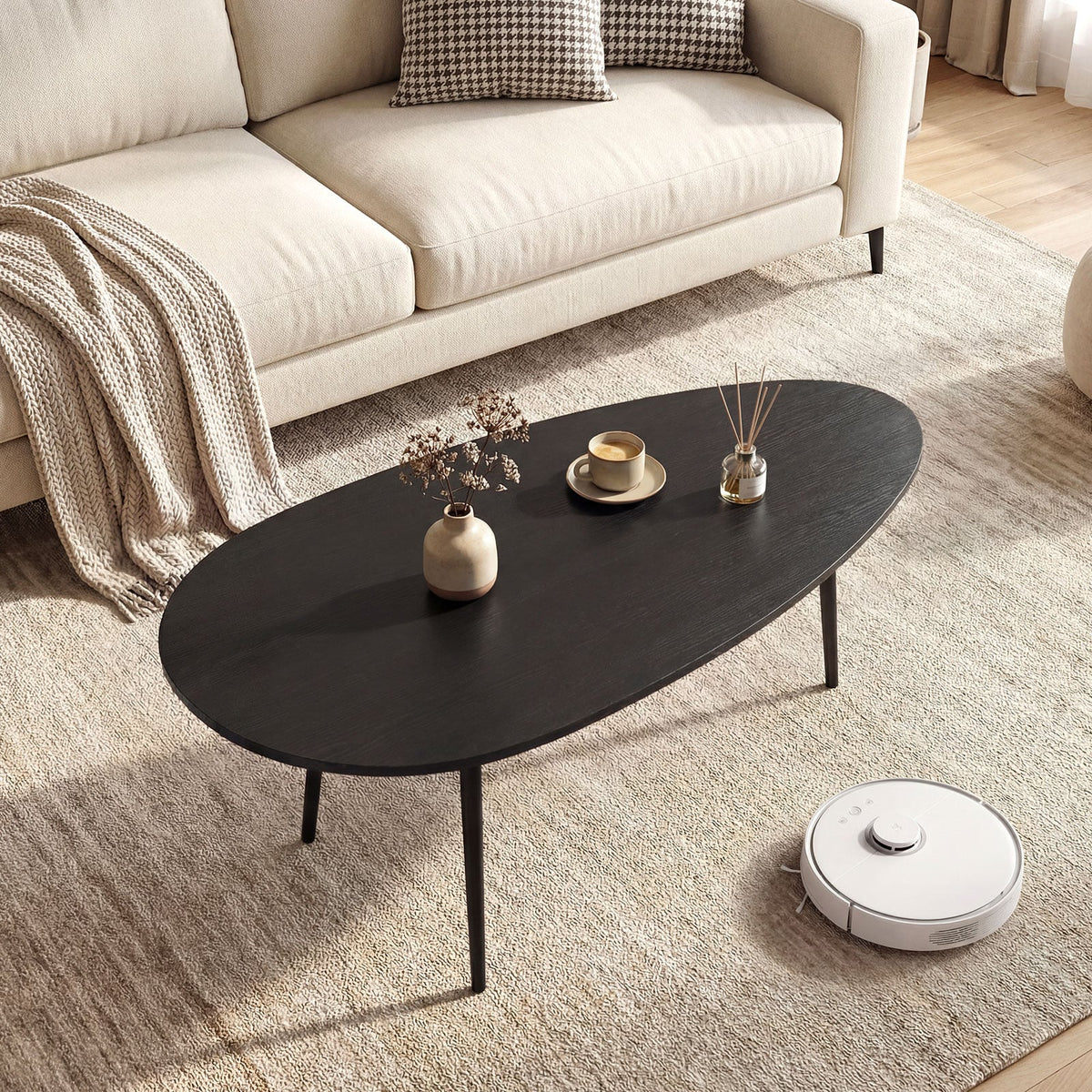 Oval Coffee Table Mid Century Center Table with Sturdy Metal Construction-Black-Coffee Tables-DECOROLALA