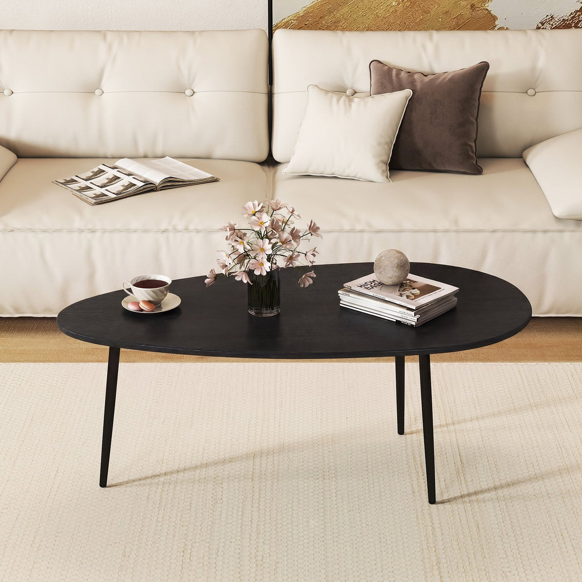 Oval Coffee Table Mid Century Center Table with Sturdy Metal Construction-Black-Coffee Tables-DECOROLALA
