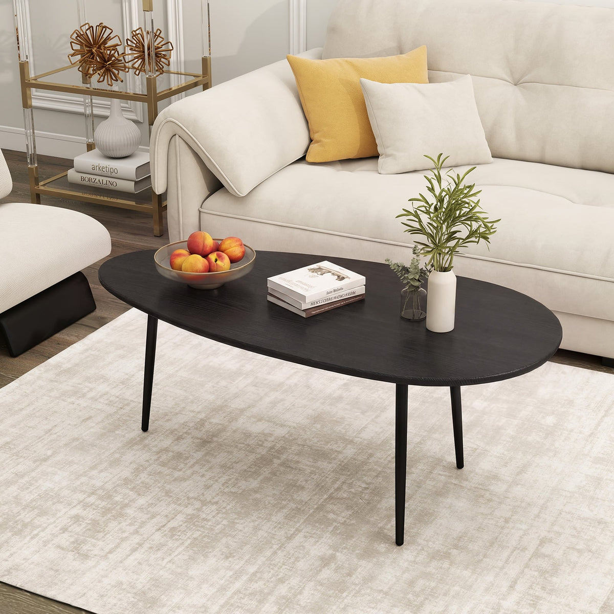 Oval Coffee Table Mid Century Center Table with Sturdy Metal Construction-Black-Coffee Tables-DECOROLALA