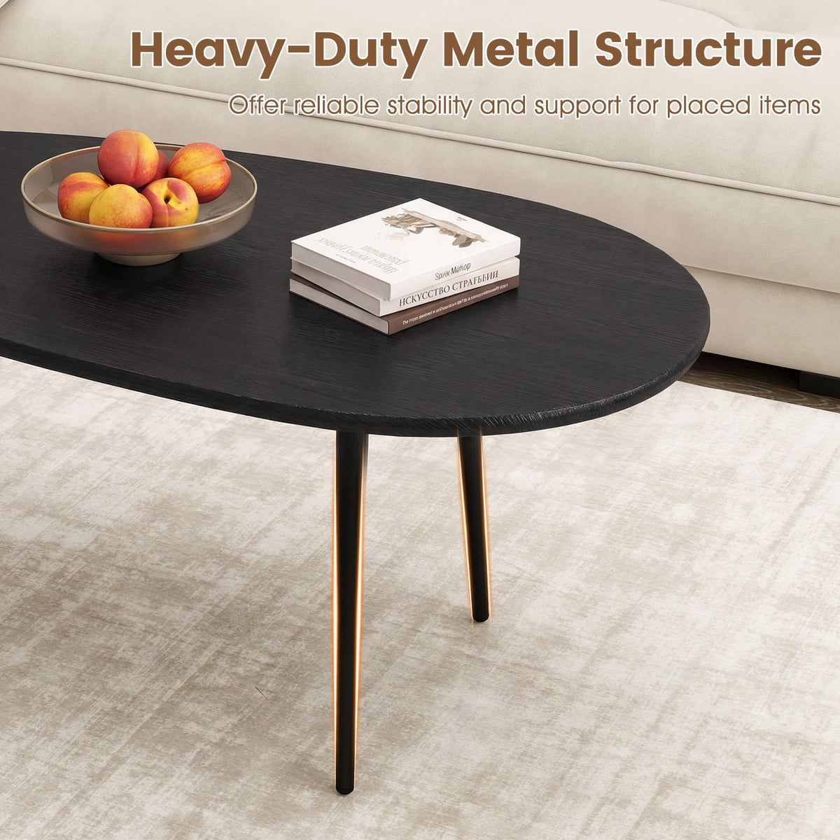 Oval Coffee Table Mid Century Center Table with Sturdy Metal Construction-Black-Coffee Tables-DECOROLALA