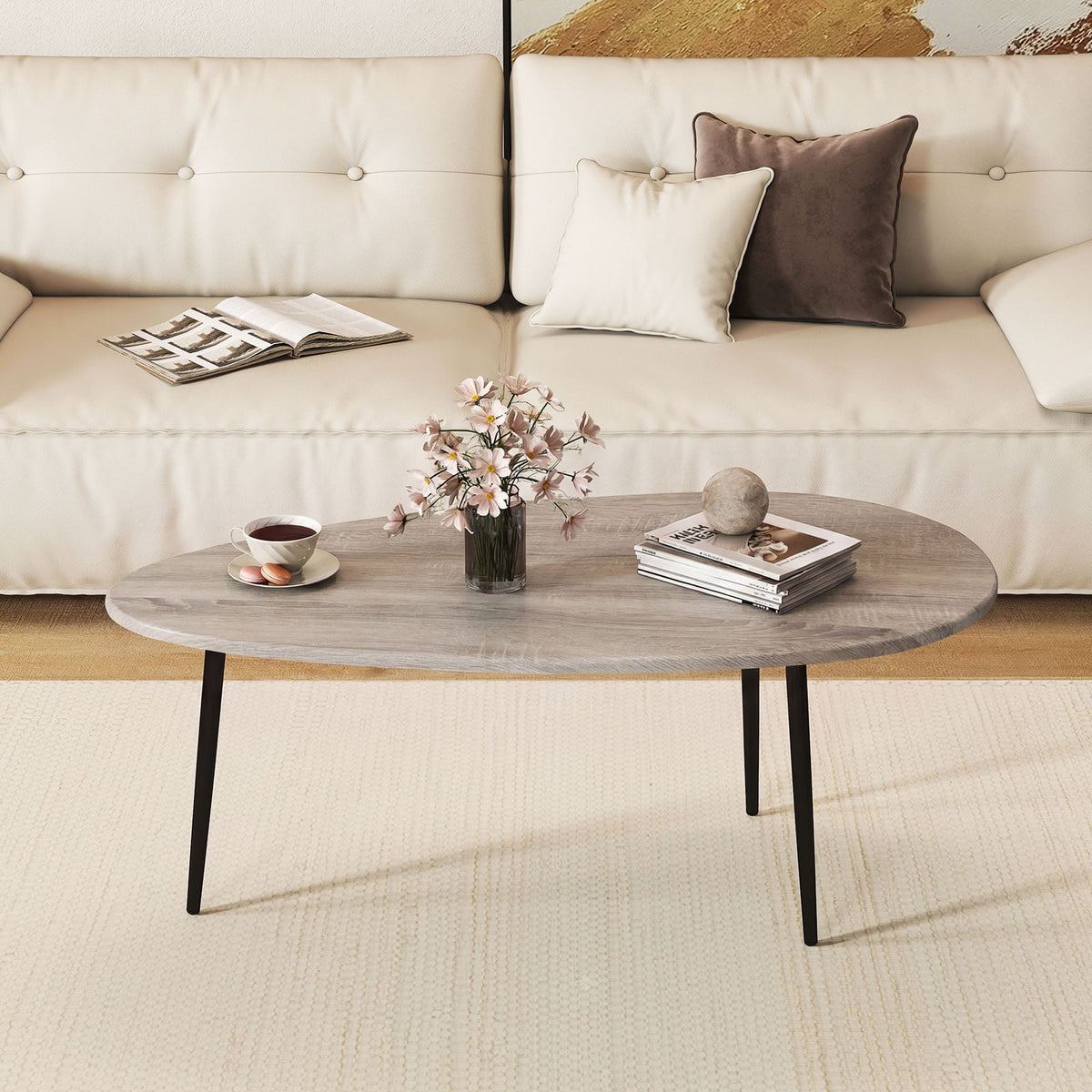 Oval Coffee Table Mid Century Center Table with Sturdy Metal Construction-Gray-Coffee Tables-DECOROLALA
