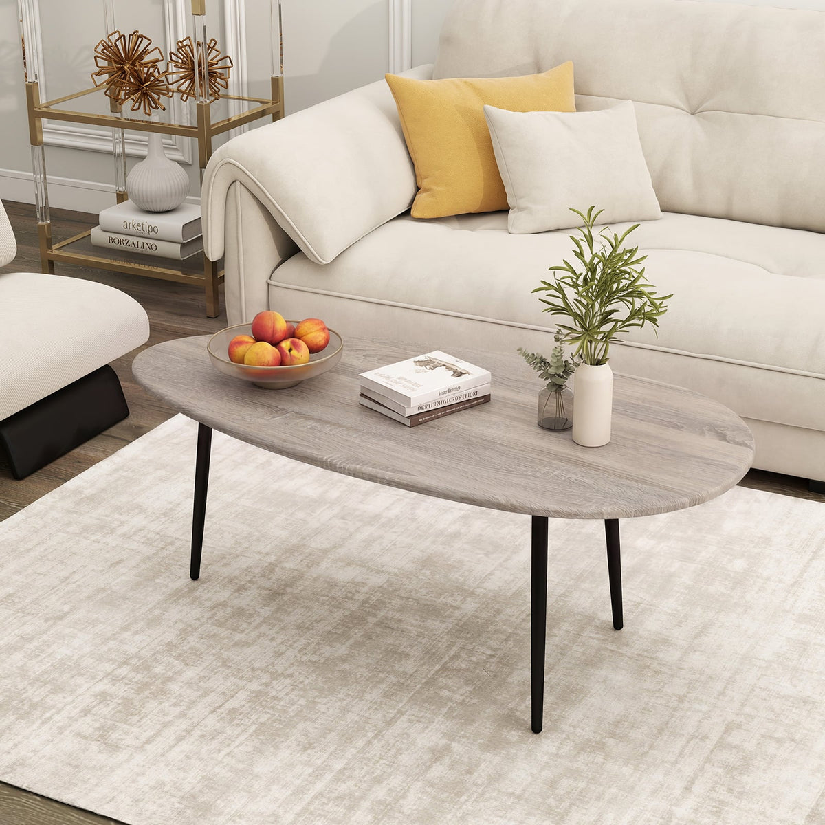Oval Coffee Table Mid Century Center Table with Sturdy Metal Construction-Gray-Coffee Tables-DECOROLALA