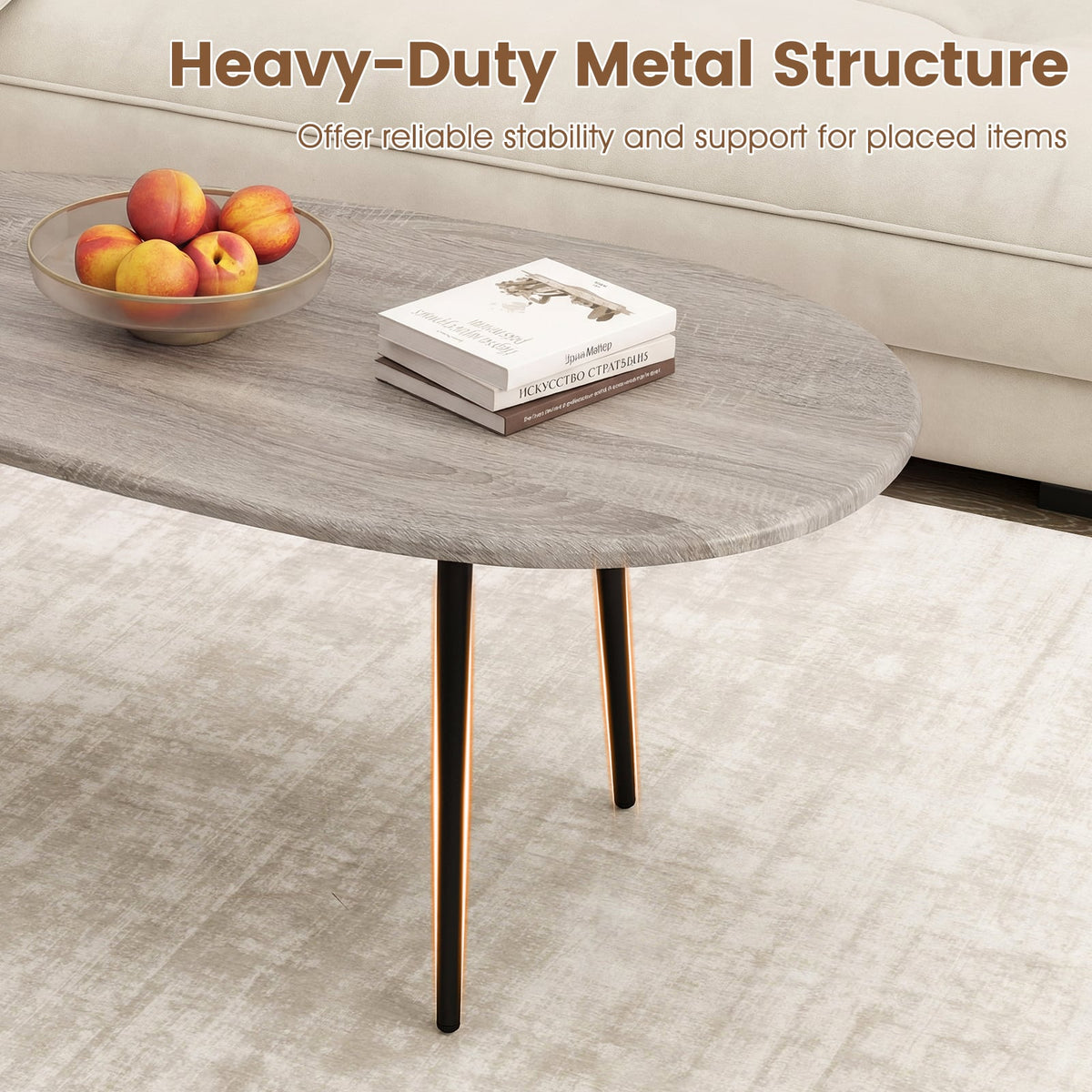 Oval Coffee Table Mid Century Center Table with Sturdy Metal Construction-Gray-Coffee Tables-DECOROLALA