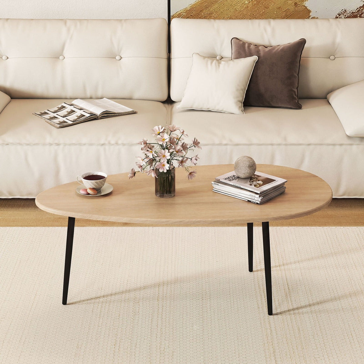 Oval Coffee Table Mid Century Center Table with Sturdy Metal Construction-Natural-Coffee Tables-DECOROLALA