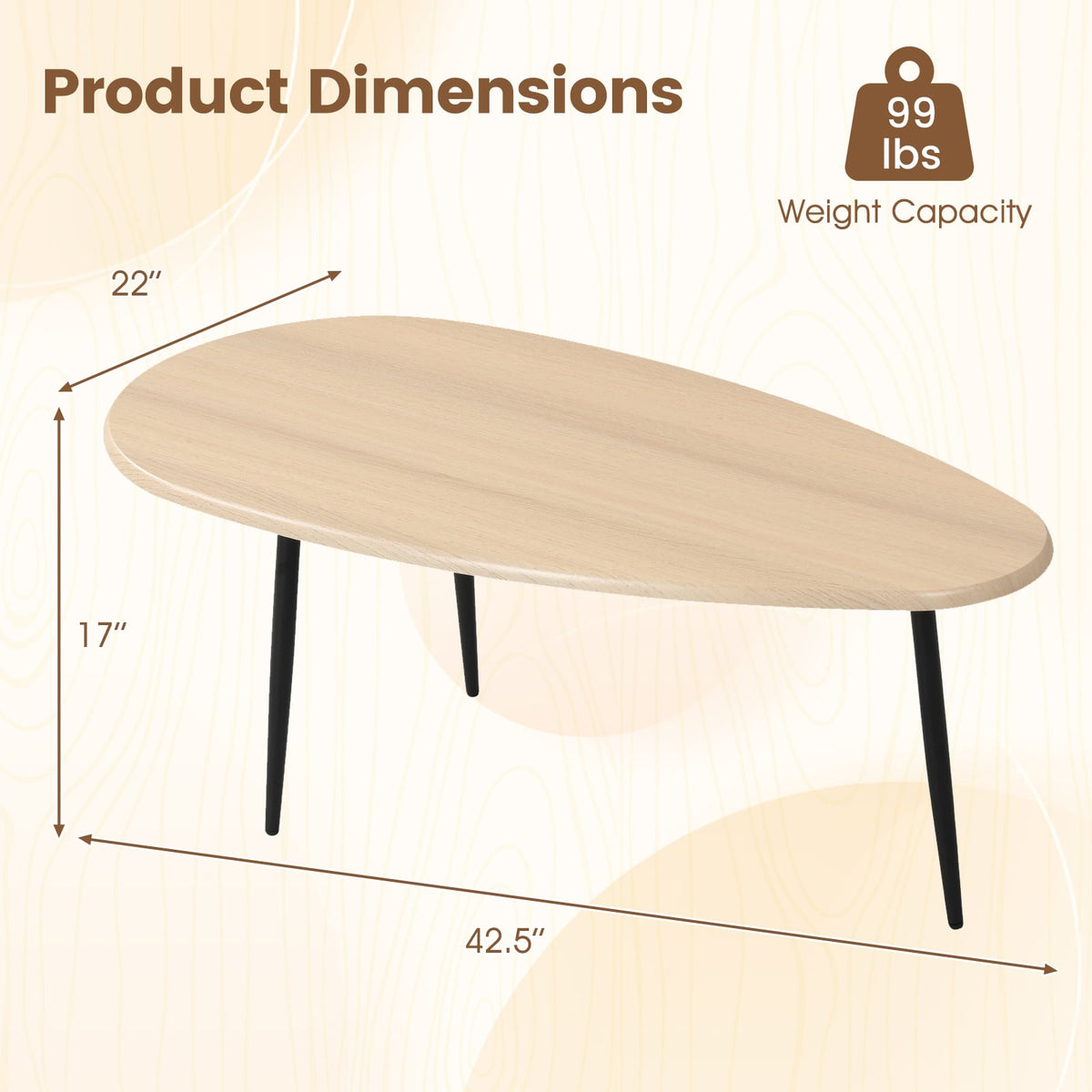 Oval Coffee Table Mid Century Center Table with Sturdy Metal Construction-Natural-Coffee Tables-DECOROLALA