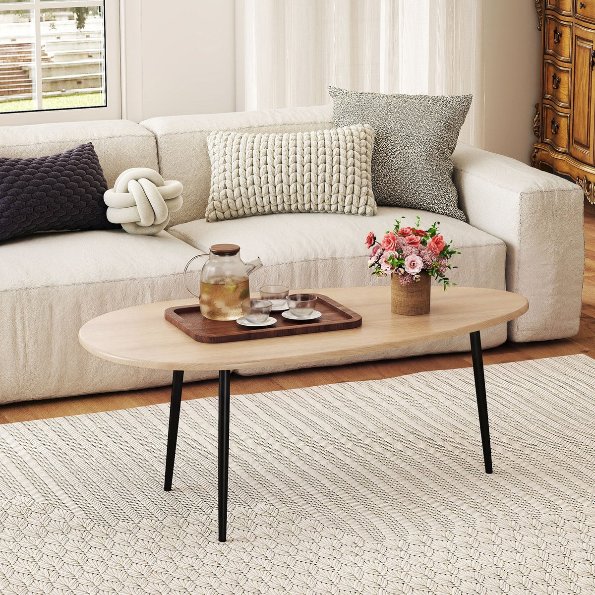 Oval Coffee Table Mid Century Center Table with Sturdy Metal Construction-Natural-Coffee Tables-DECOROLALA