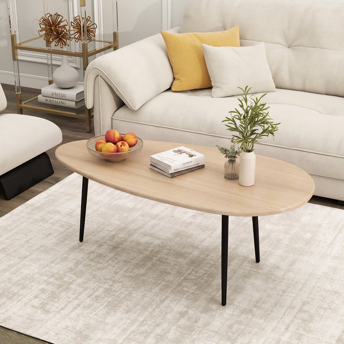 Oval Coffee Table Mid Century Center Table with Sturdy Metal Construction-Natural-Coffee Tables-DECOROLALA