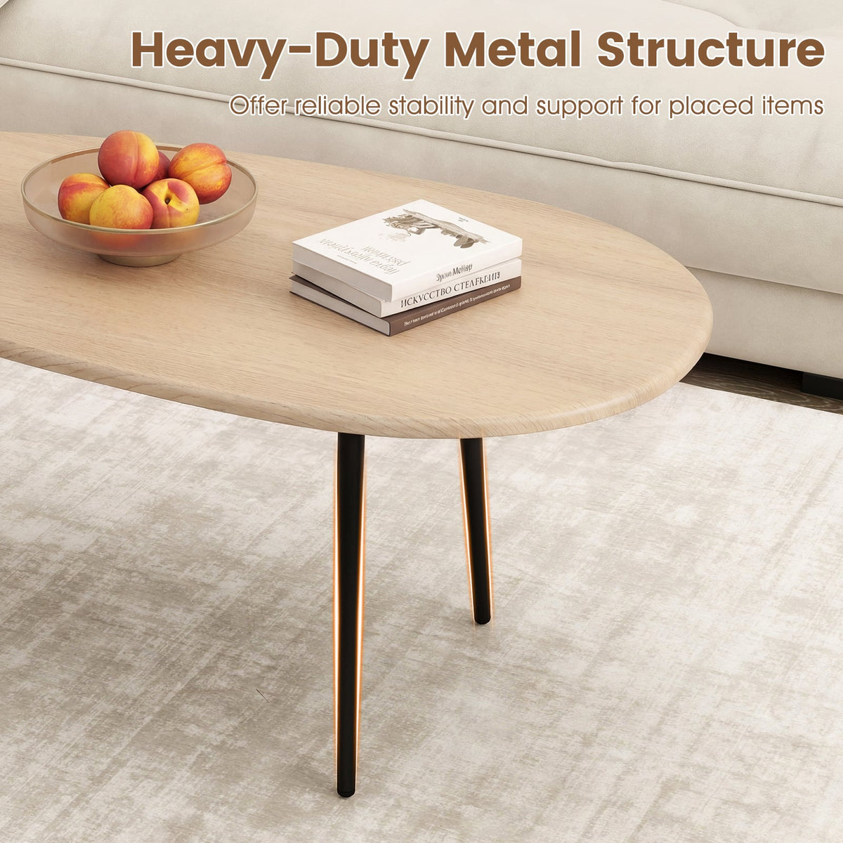 Oval Coffee Table Mid Century Center Table with Sturdy Metal Construction-Natural-Coffee Tables-DECOROLALA