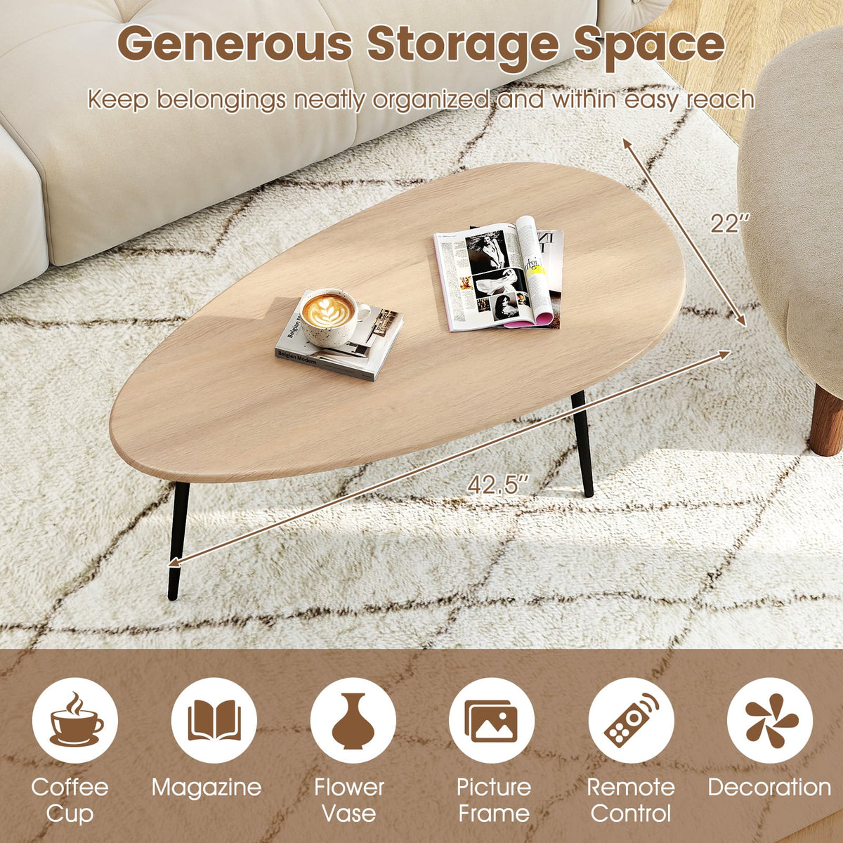 Oval Coffee Table Mid Century Center Table with Sturdy Metal Construction-Natural-Coffee Tables-DECOROLALA
