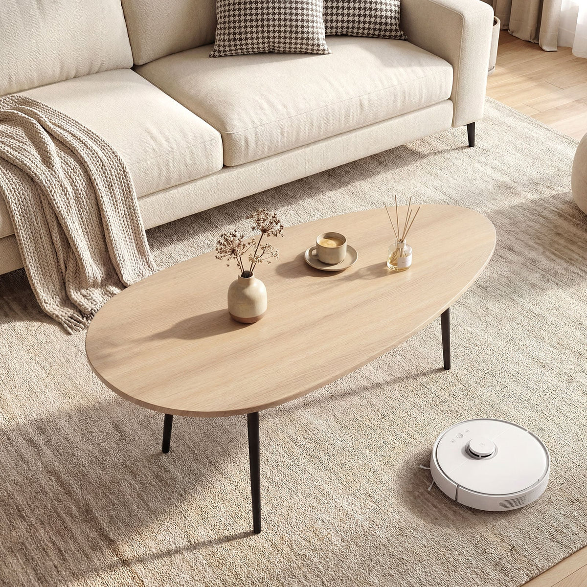 Oval Coffee Table Mid Century Center Table with Sturdy Metal Construction-Natural-Coffee Tables-DECOROLALA