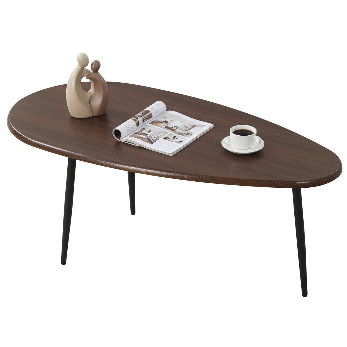 Oval Coffee Table Mid Century Center Table with Sturdy Metal Construction-Walnut-Coffee Tables-DECOROLALA