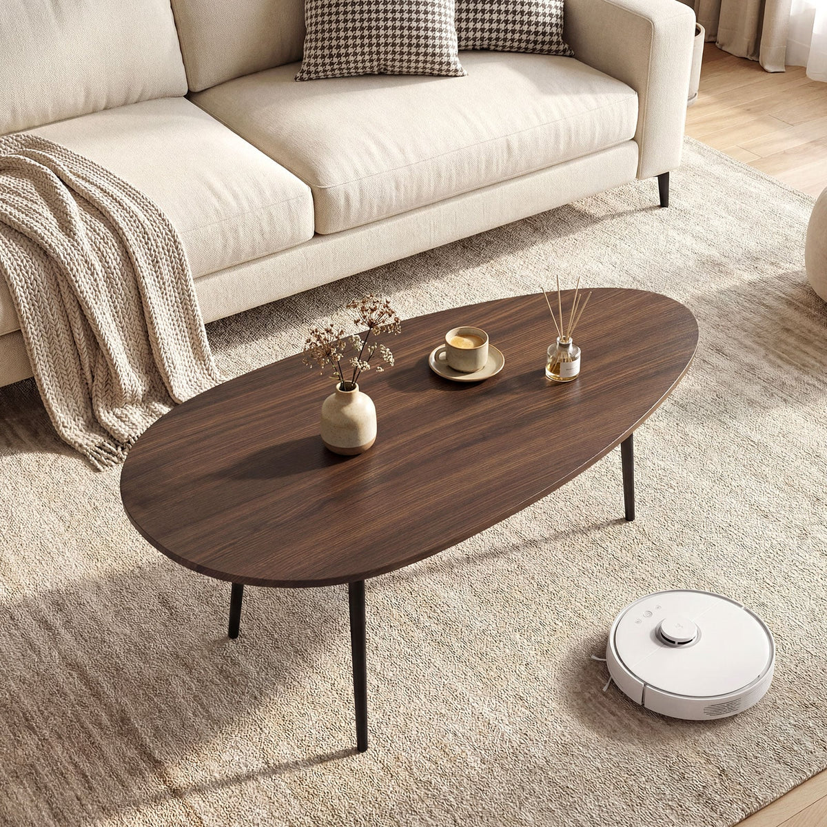Oval Coffee Table Mid Century Center Table with Sturdy Metal Construction-Walnut-Coffee Tables-DECOROLALA
