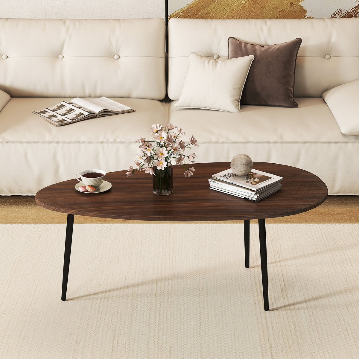 Oval Coffee Table Mid Century Center Table with Sturdy Metal Construction-Walnut-Coffee Tables-DECOROLALA