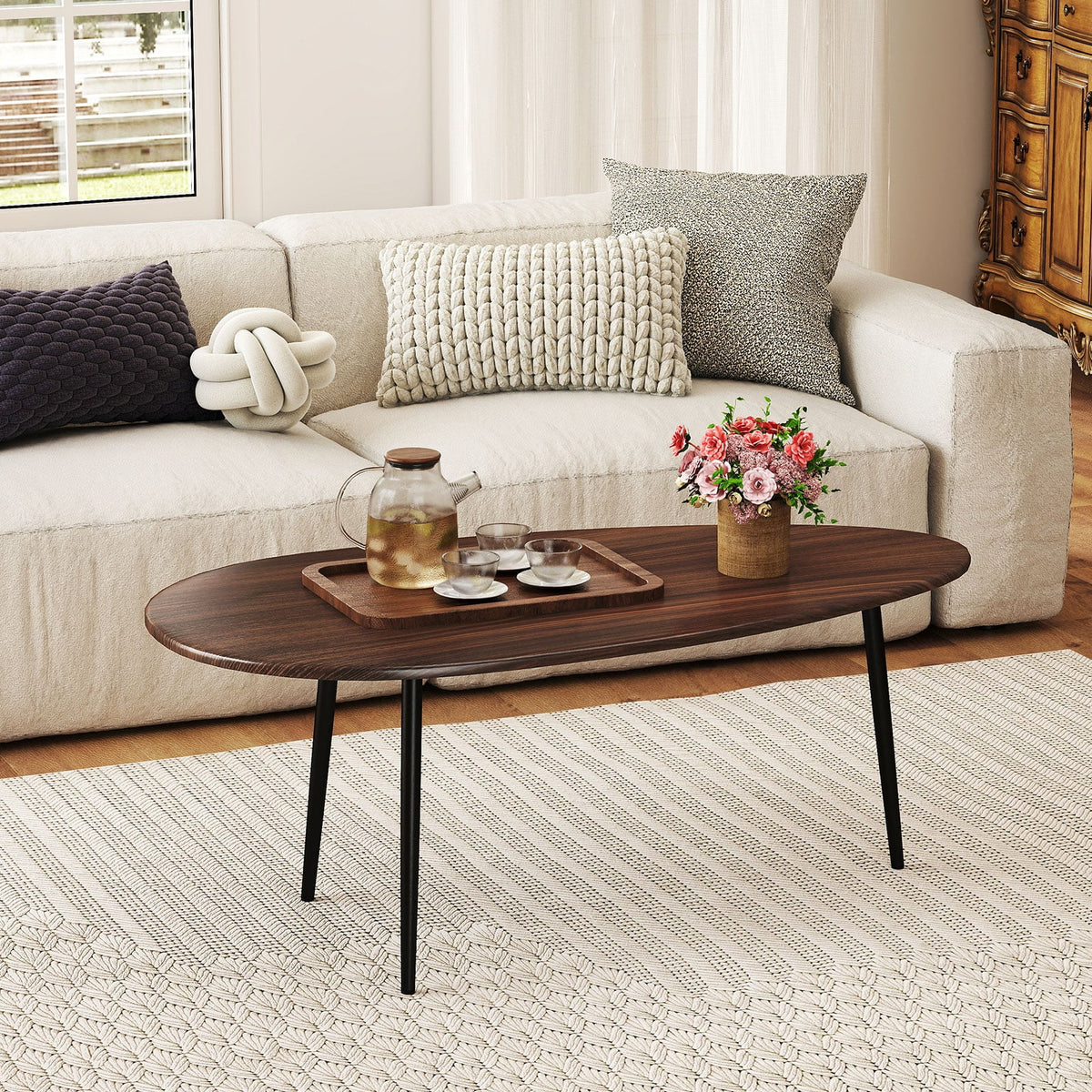 Oval Coffee Table Mid Century Center Table with Sturdy Metal Construction-Walnut-Coffee Tables-DECOROLALA