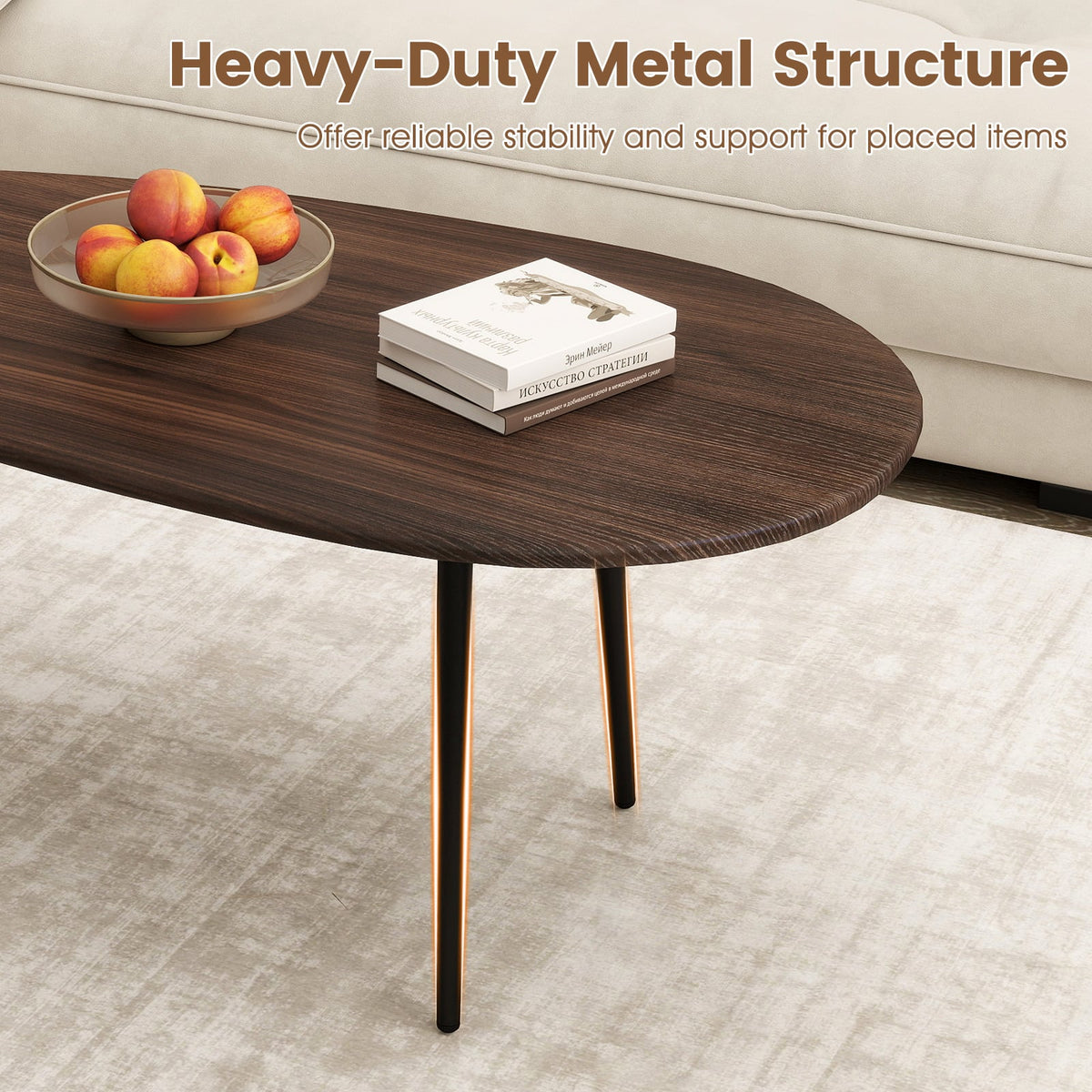 Oval Coffee Table Mid Century Center Table with Sturdy Metal Construction-Walnut-Coffee Tables-DECOROLALA