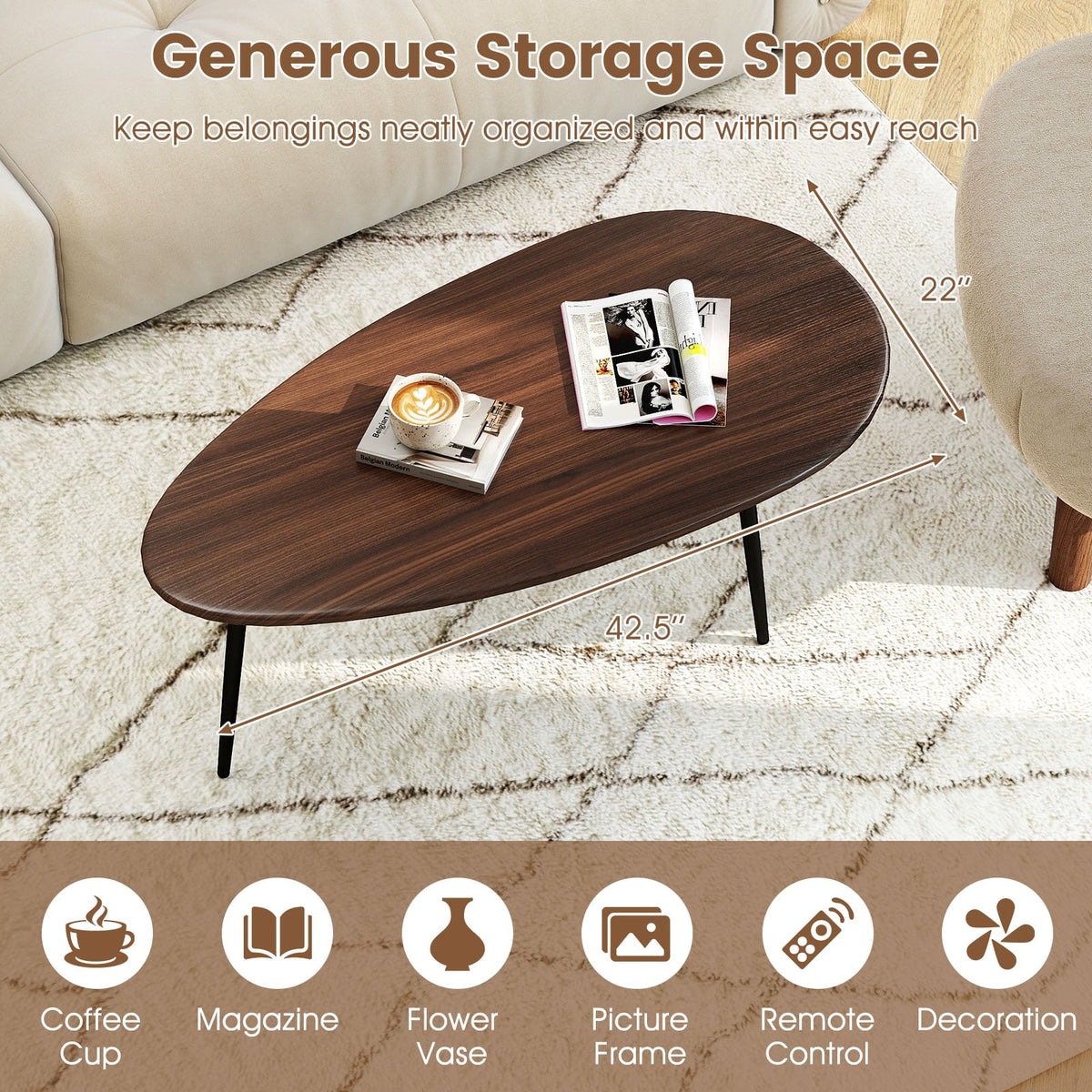 Oval Coffee Table Mid Century Center Table with Sturdy Metal Construction-Walnut-Coffee Tables-DECOROLALA